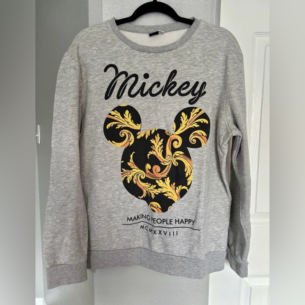 Disney Women's Gray Crew Sweatshirt with Black and Yellow Mickey Motif